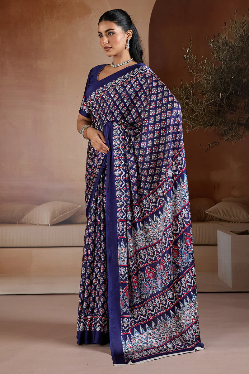Ailurophile Navy Blue Ajrakh Printed Satin Silk Saree With Piquant Blouse Piece - Image 3