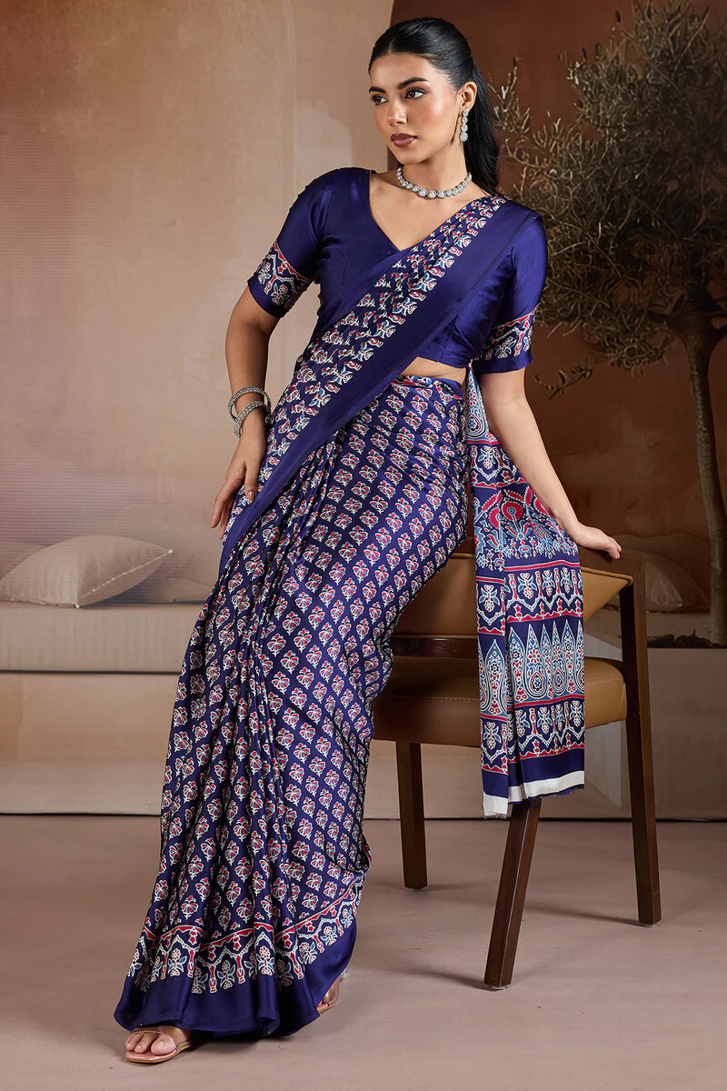 Ailurophile Navy Blue Ajrakh Printed Satin Silk Saree With Piquant Blouse Piece - Image 5