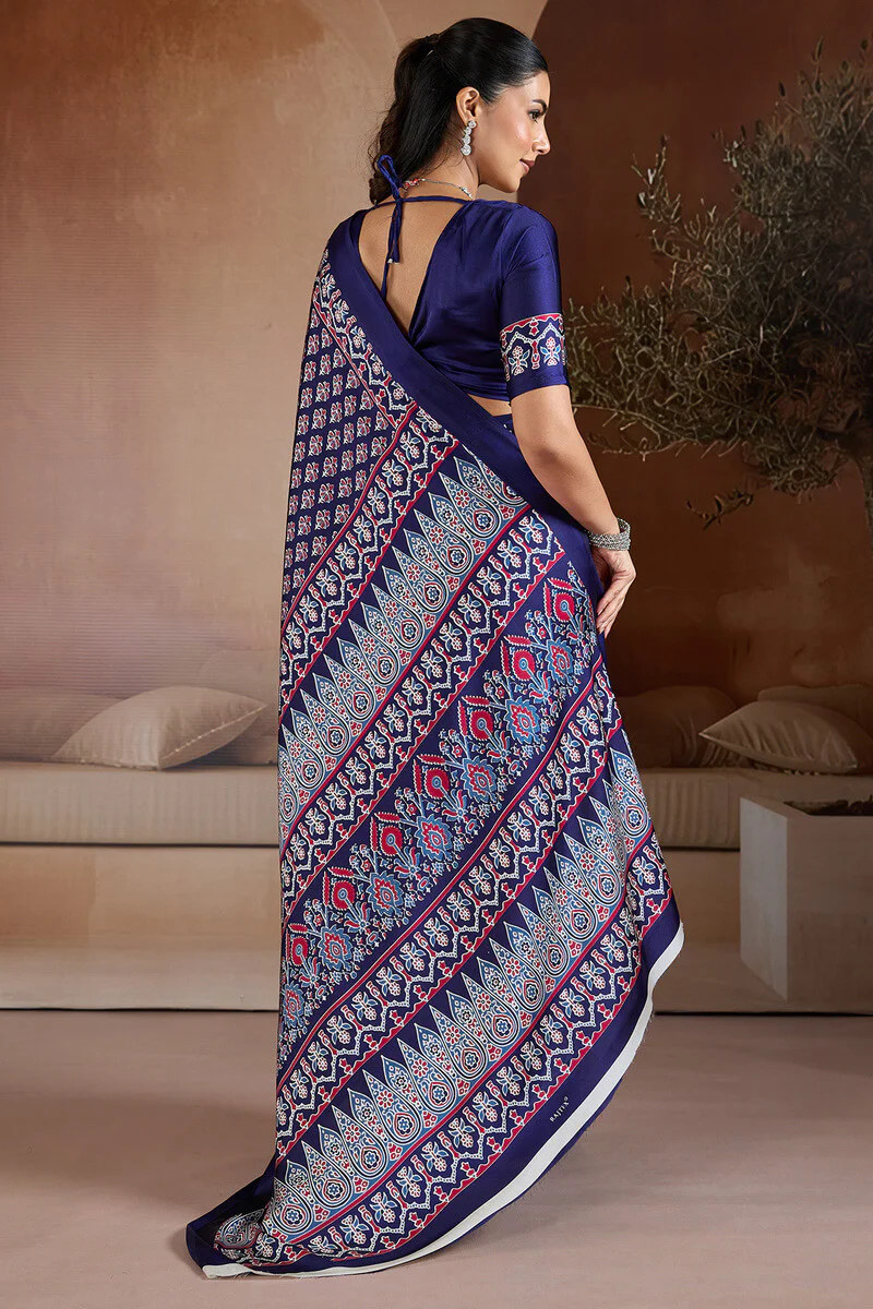 Ailurophile Navy Blue Ajrakh Printed Satin Silk Saree With Piquant Blouse Piece - Image 6