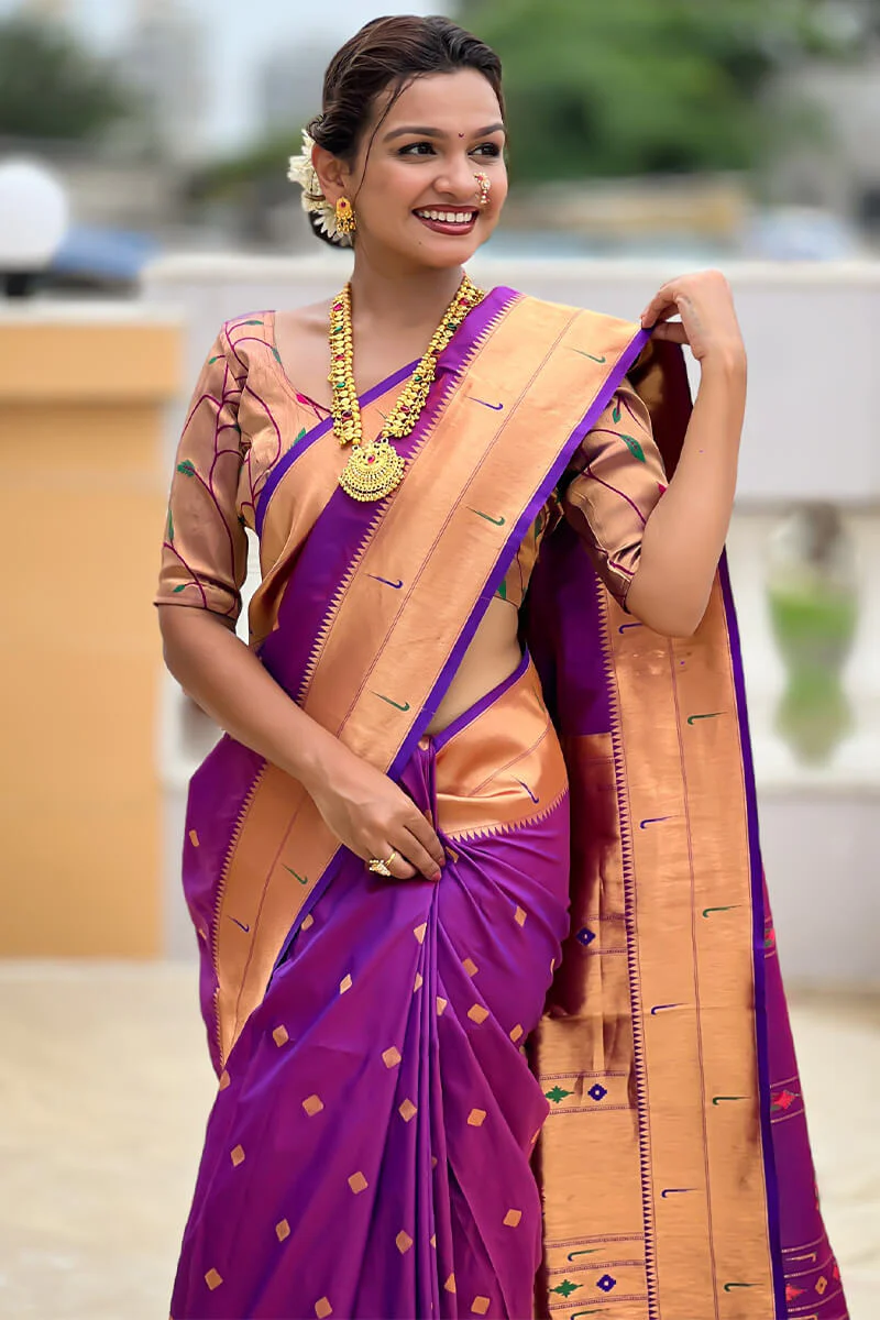 Ailurophile Purple Paithani Silk Saree With Incomparable Blouse Piece - Image 2