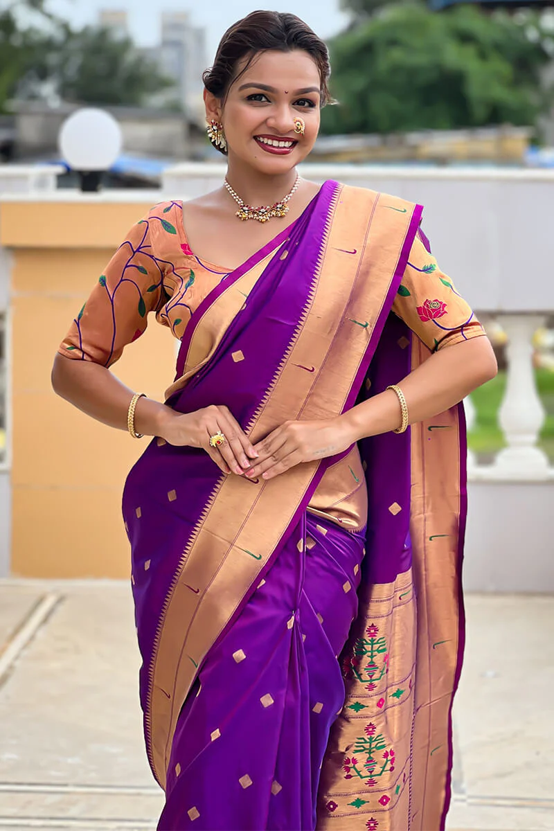 Ailurophile Purple Paithani Silk Saree With Incomparable Blouse Piece - Image 4