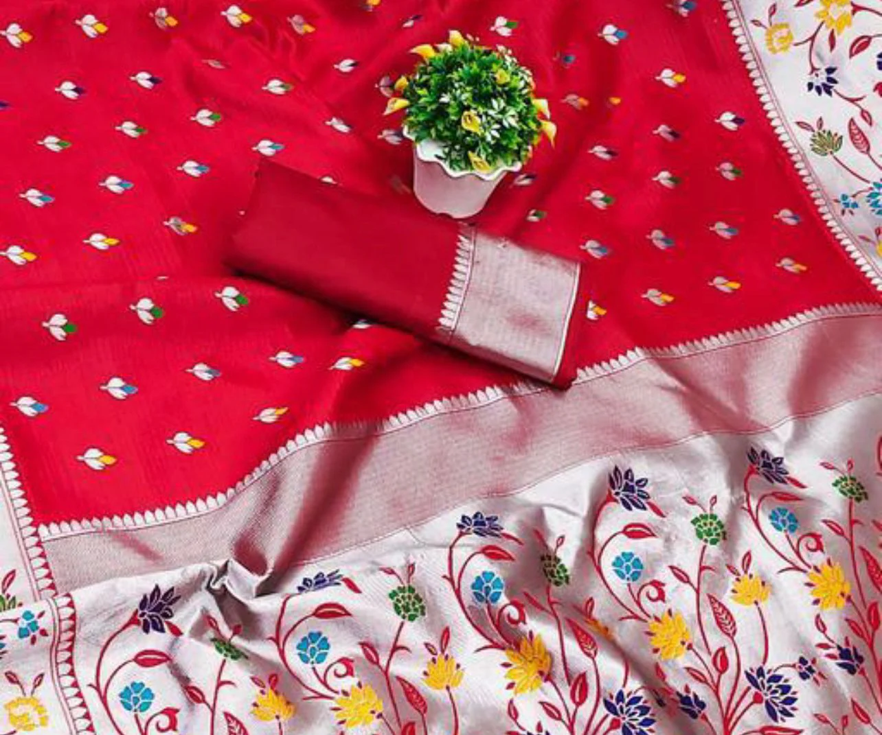 Ailurophile Red Paithani Silk Saree With Diaphanous Blouse Piece - Image 3