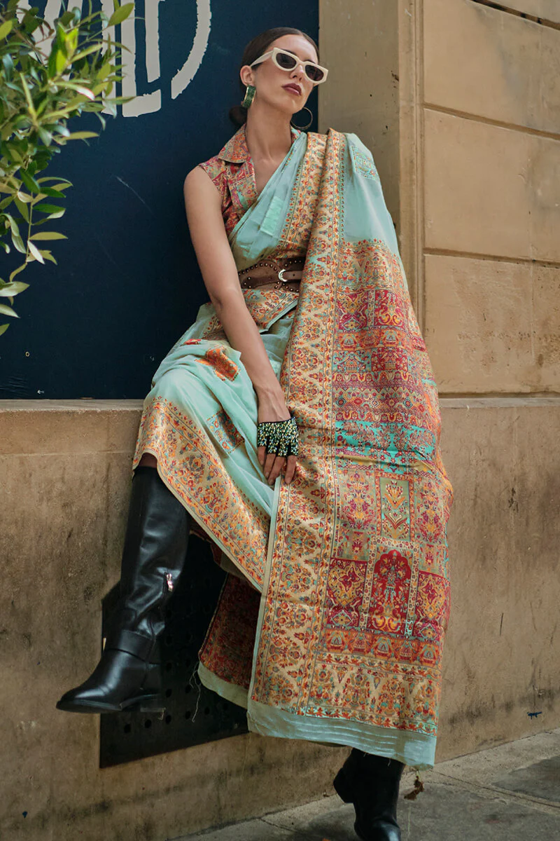 Ailurophile Sky Pashmina saree With Effulgent Blouse Piece - Image 2