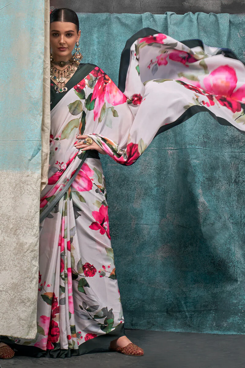 Allure Beige Digital Printed Crape Silk Saree With Opulent Blouse Piece - Image 2