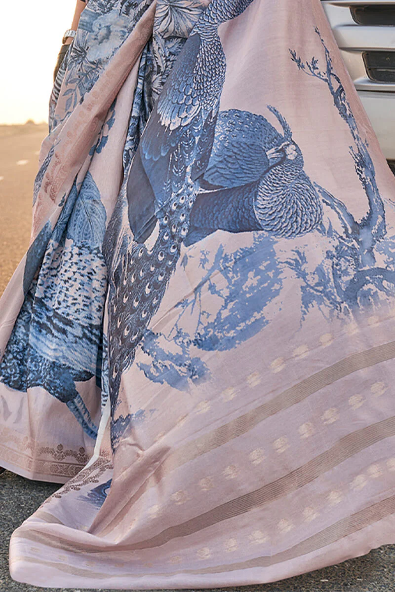 Allure Blue Digital Printed Tussar Silk Saree With Splendorous Blouse Piece - Image 3