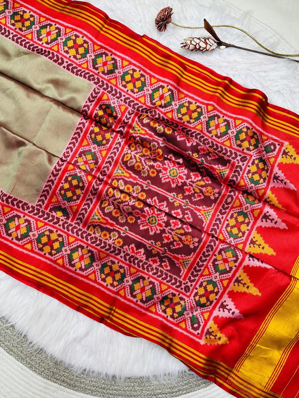 Allure Dark Beige Ikkat Printed Patola Silk Saree With Winsome Blouse Piece - Image 2