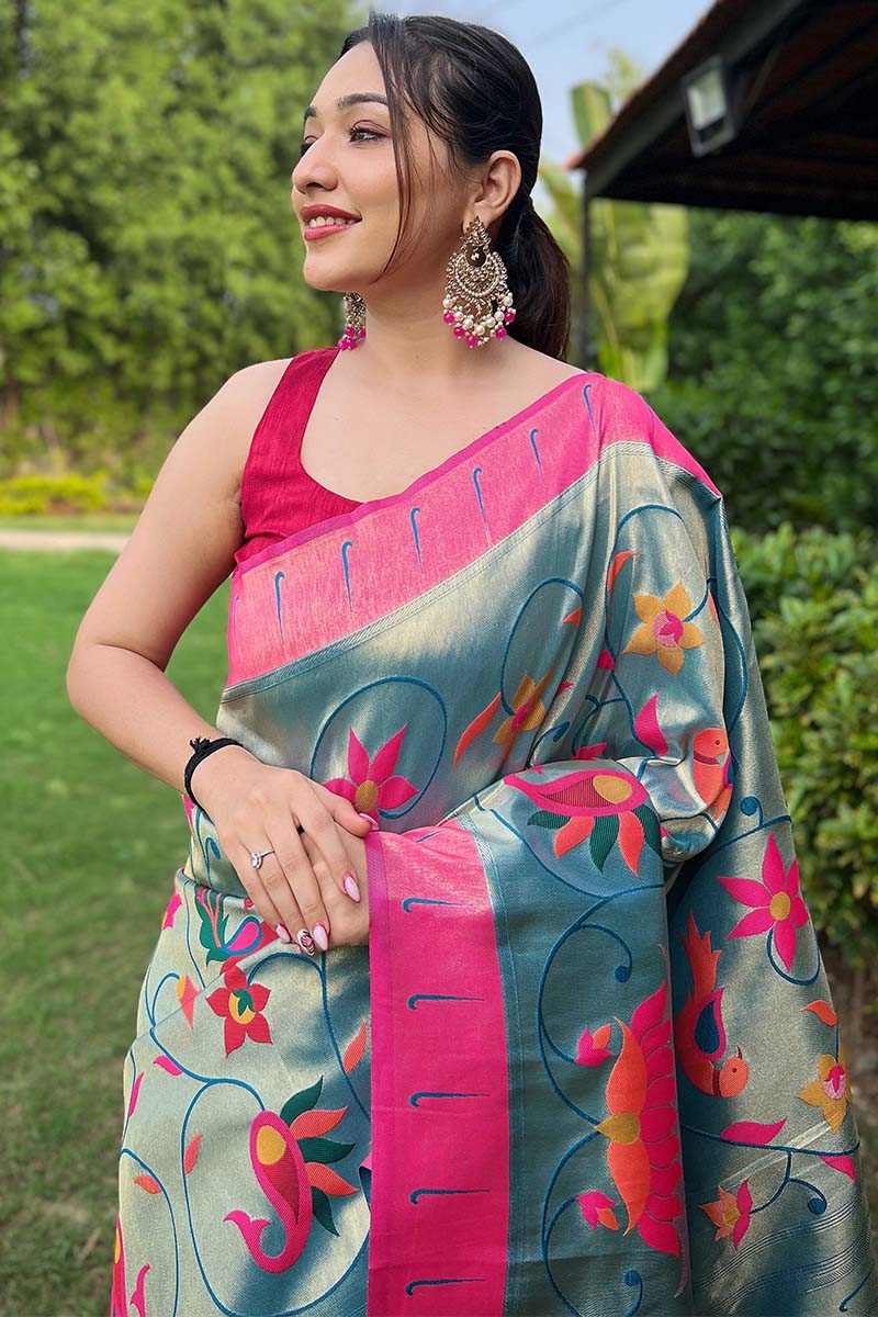 Allure Firozi Paithani Silk Saree With Energetic Blouse Piece - Image 2