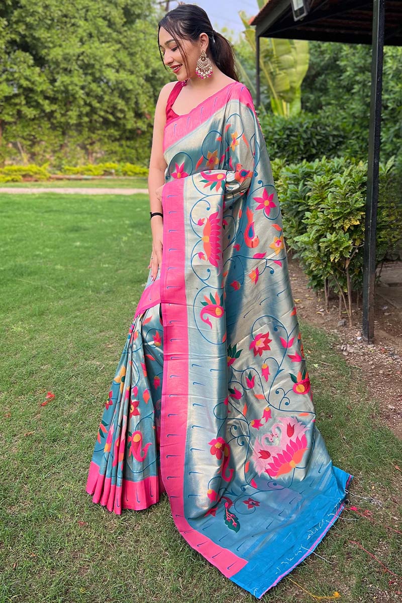 Allure Firozi Paithani Silk Saree With Energetic Blouse Piece - Image 3