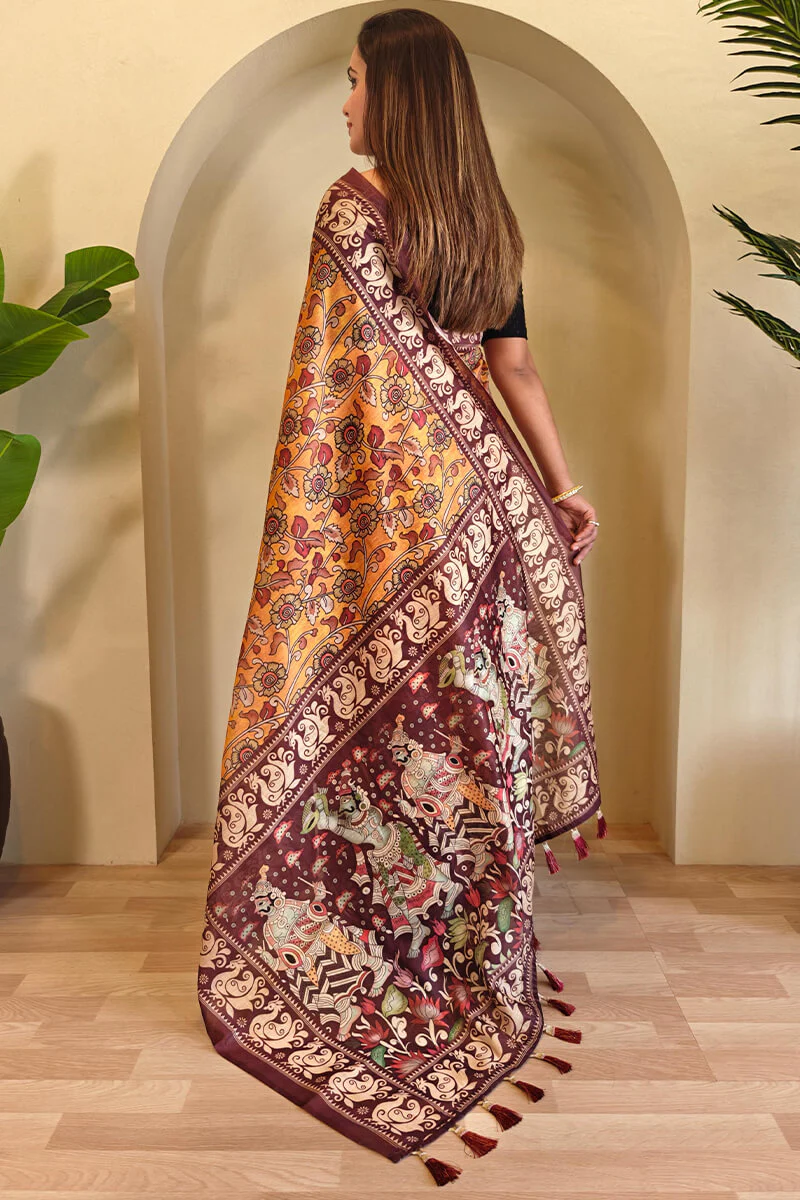 Allure Mustard Kalamkari Printed Saree With Desultory Blouse Piece - Image 4