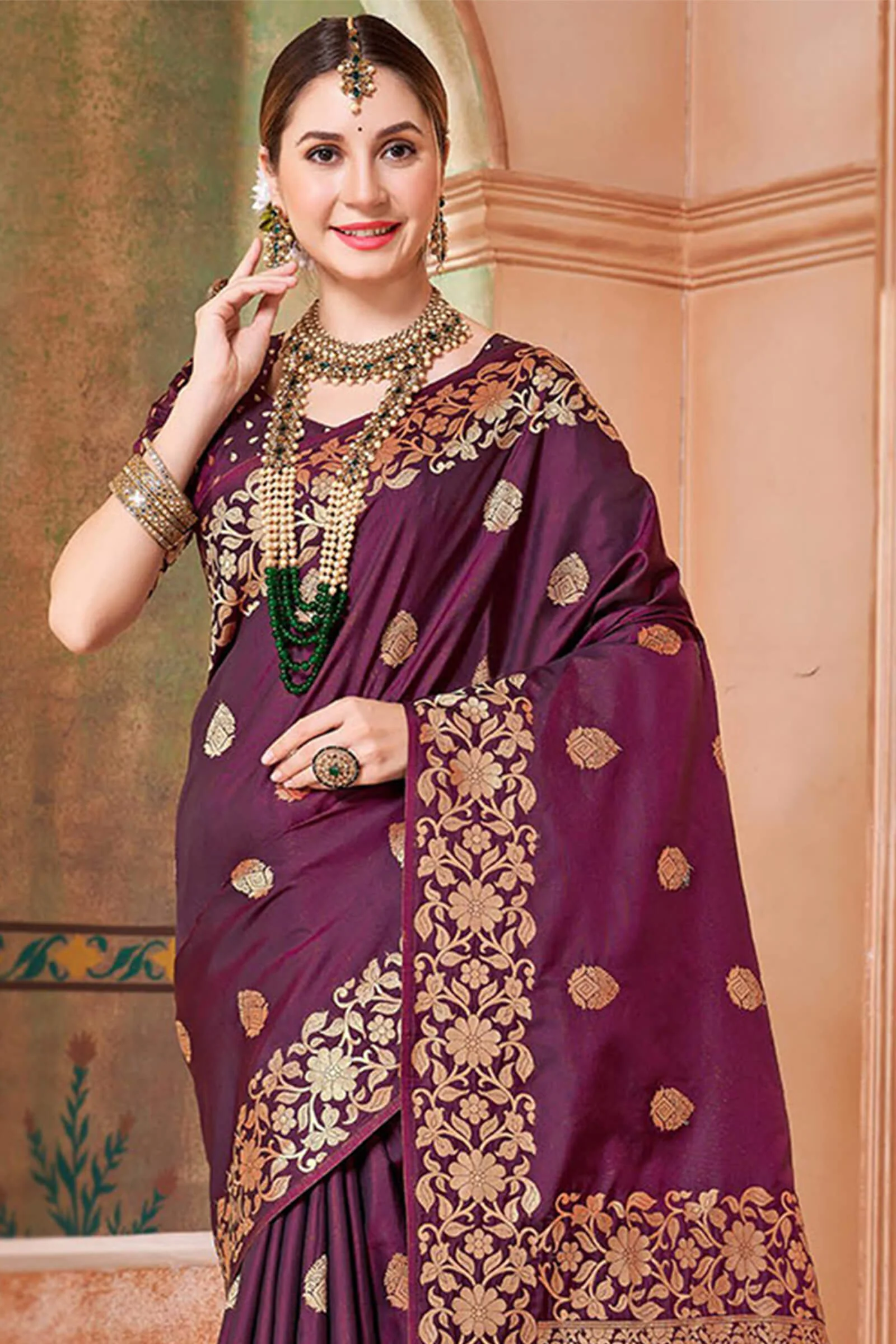 Allure Wine Soft Banarasi Silk Saree With Pleasant Blouse Piece - Image 2