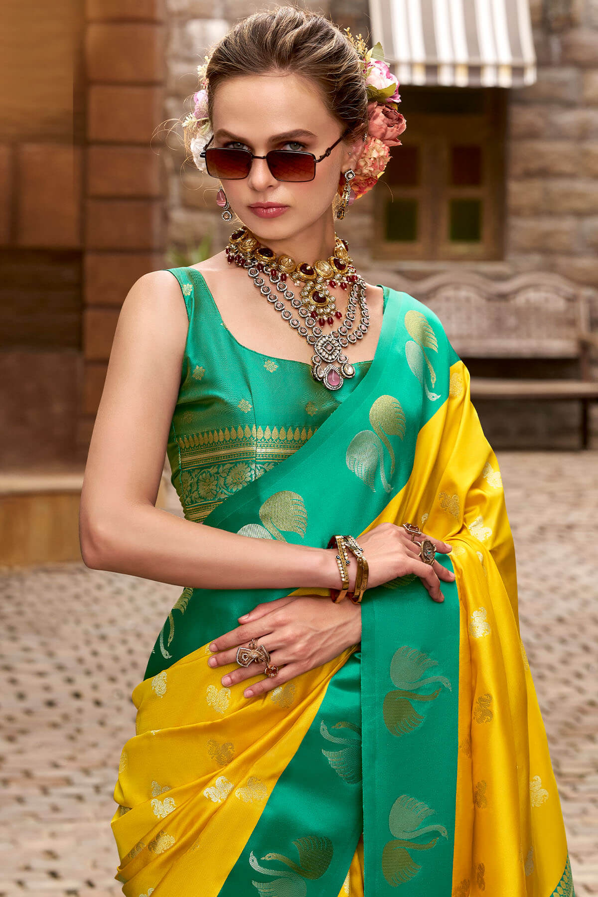 Allure Yellow Banarasi Satin Silk Saree With Eye-catching Blouse - Image 2