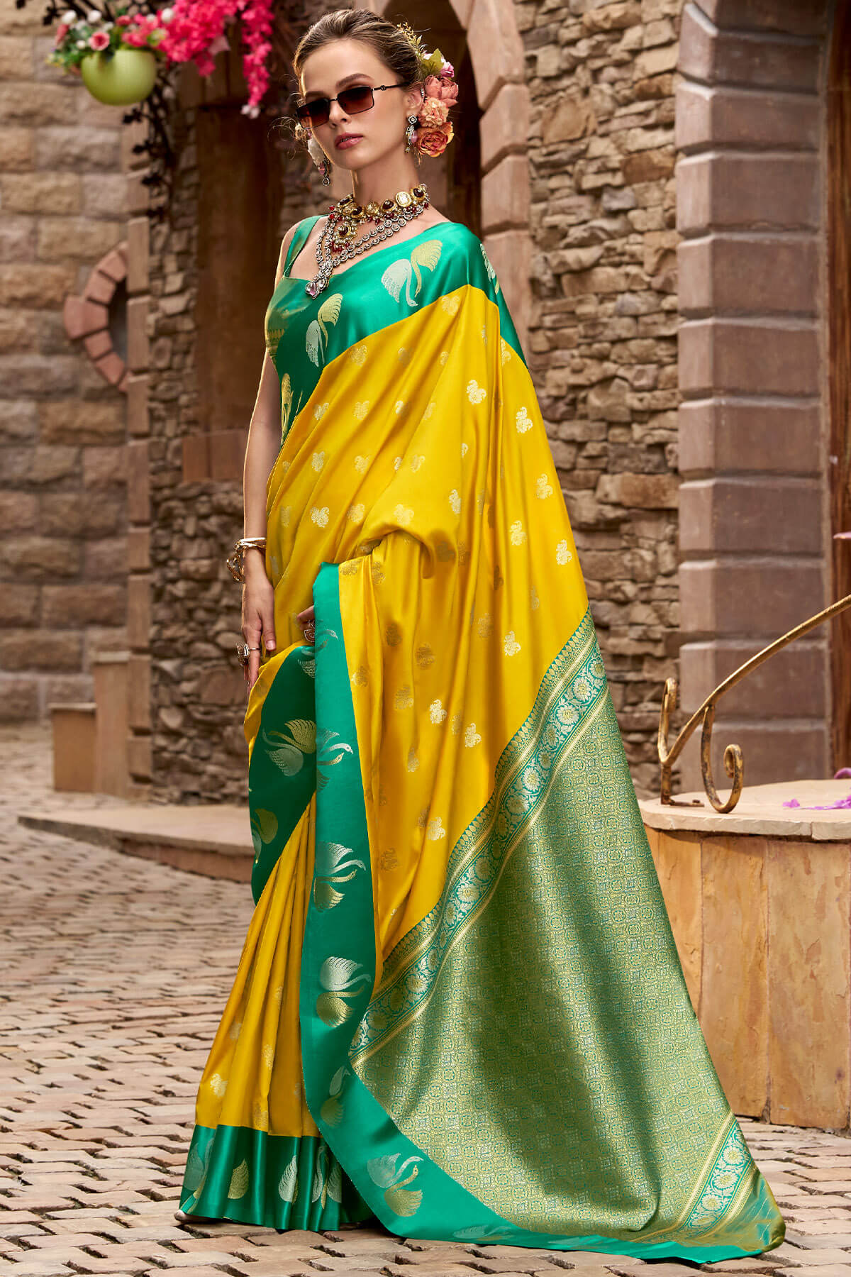 Allure Yellow Banarasi Satin Silk Saree With Eye-catching Blouse - Image 3