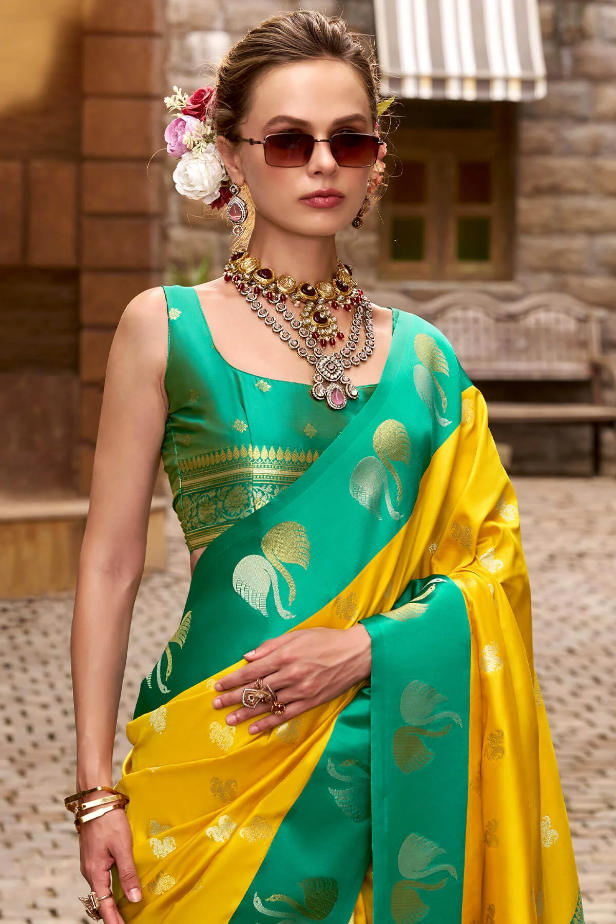 Allure Yellow Banarasi Satin Silk Saree With Eye-catching Blouse - Image 4