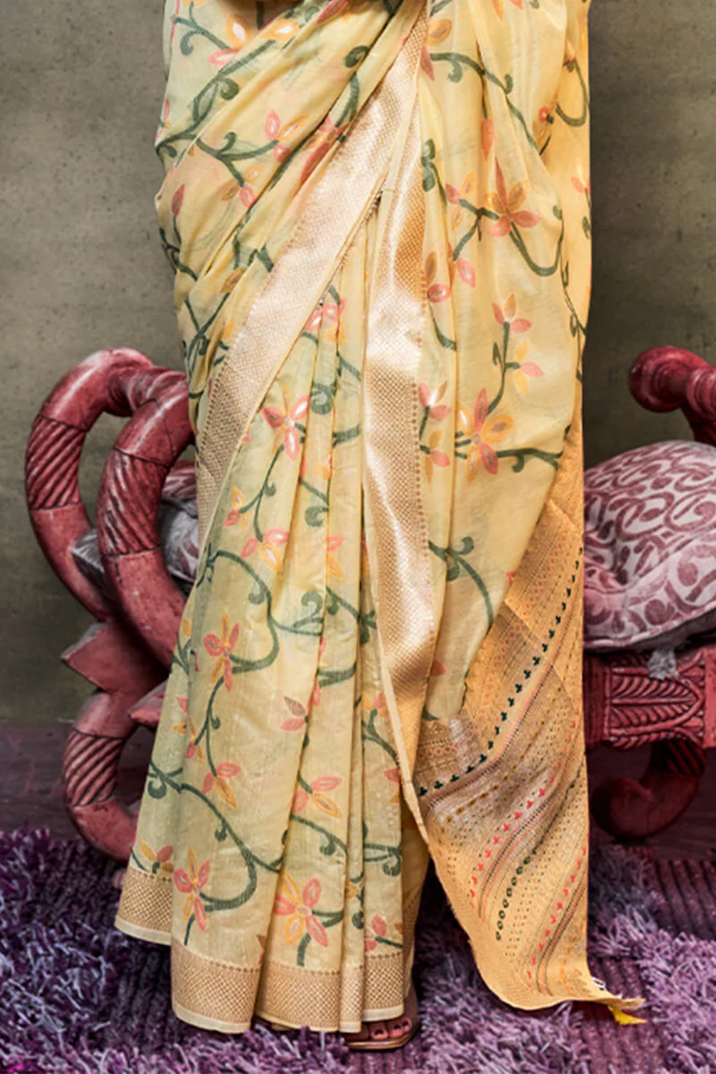 Allure Yellow Cotton Silk Saree With Opulent Blouse Piece - Image 3
