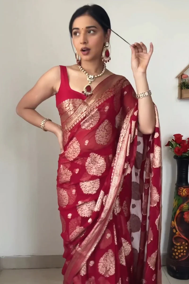 Alluring 1-Minute Ready To Wear Red Cotton Silk Saree - Image 2