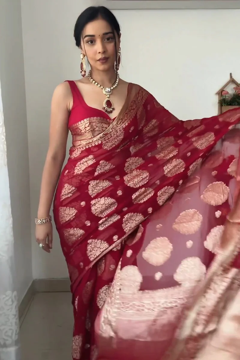Alluring 1-Minute Ready To Wear Red Cotton Silk Saree - Image 3