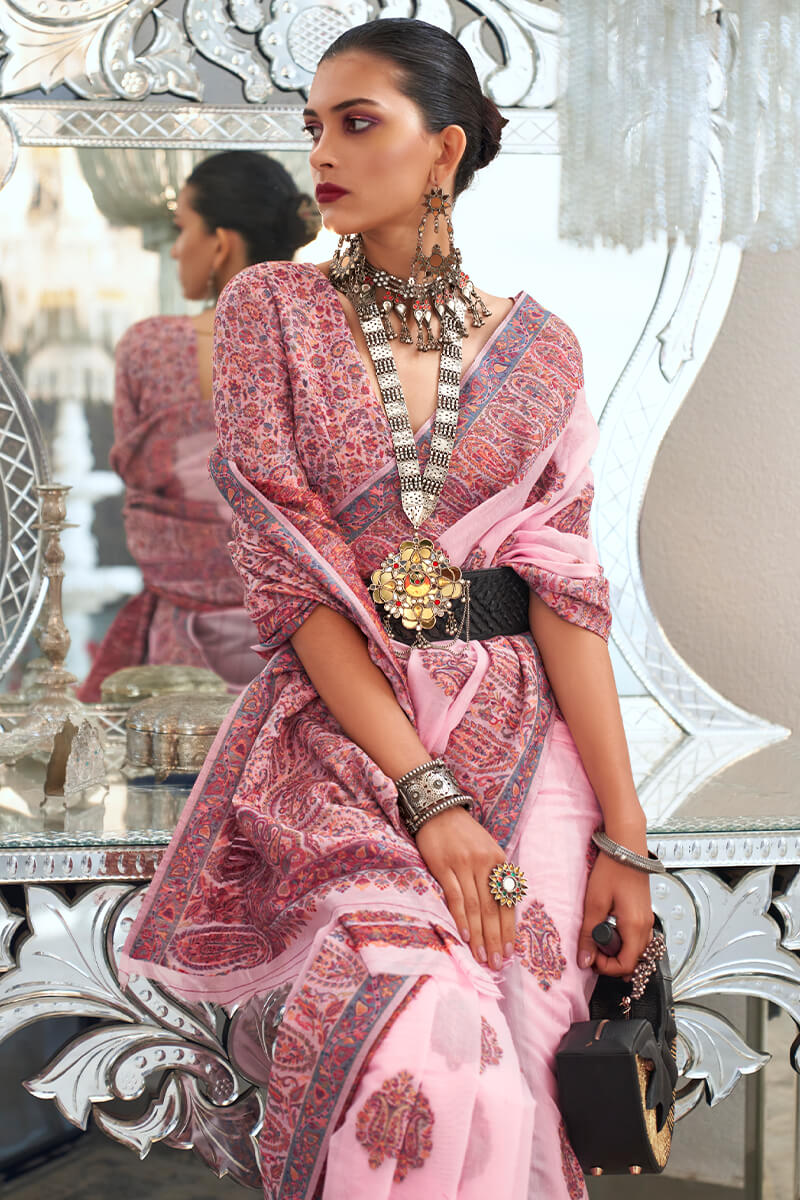 Alluring Baby Pink Pashmina saree With Glowing Blouse Piece - Image 2