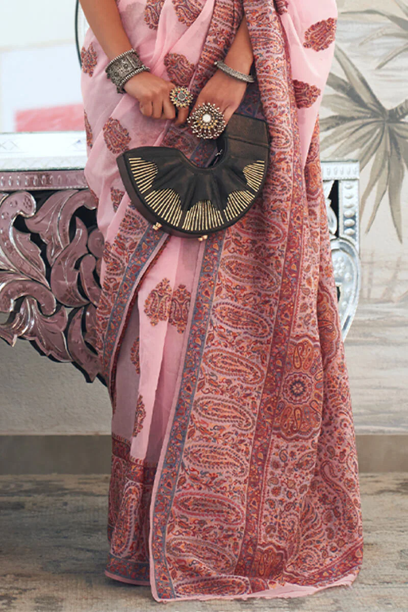 Alluring Baby Pink Pashmina saree With Glowing Blouse Piece - Image 3