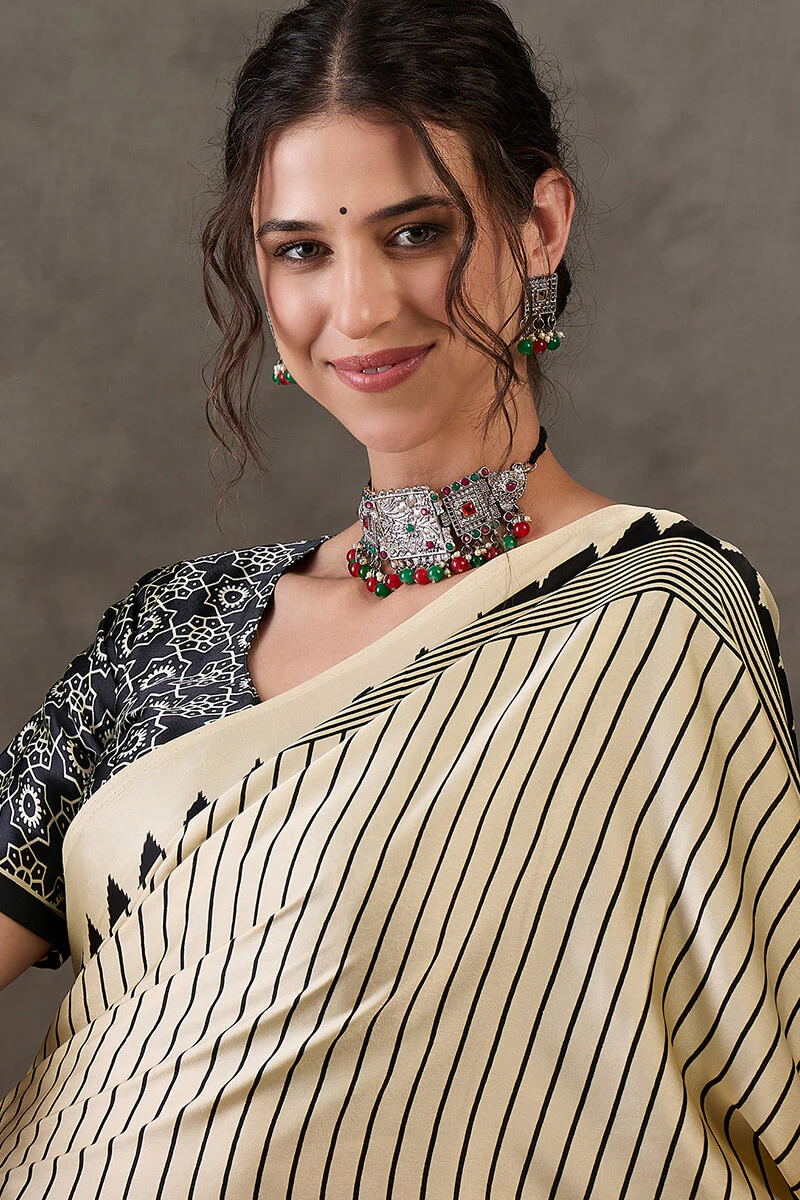 Alluring Beige Ajrakh Printed Semi Modal Silk Saree With Cynosure Blouse Piece - Image 2