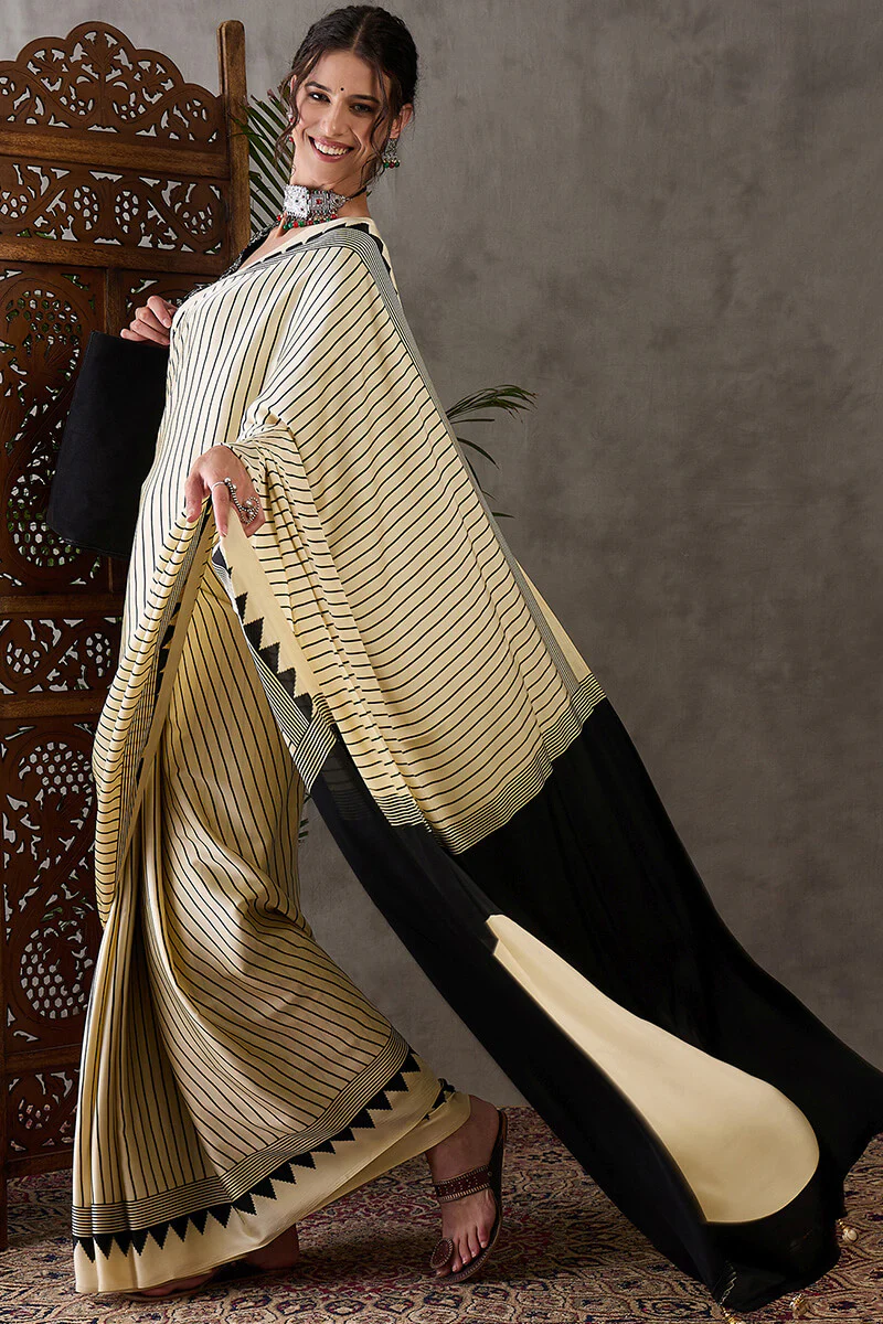 Alluring Beige Ajrakh Printed Semi Modal Silk Saree With Cynosure Blouse Piece - Image 3