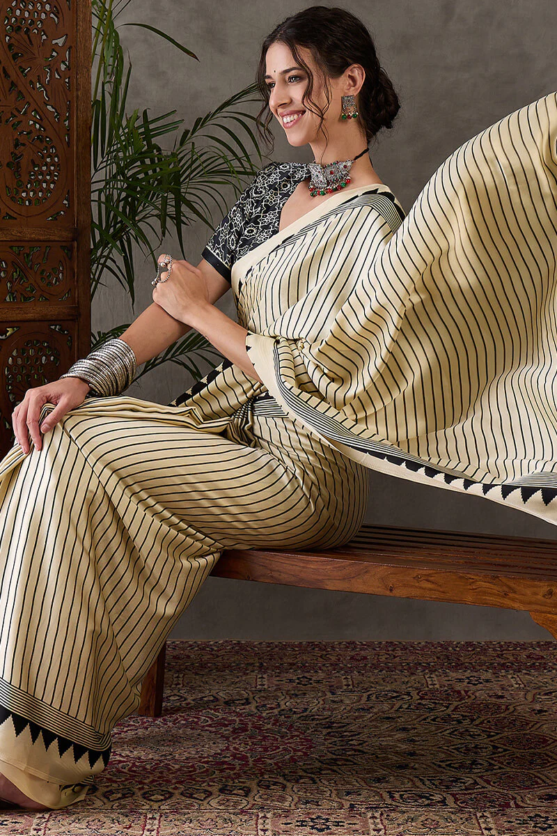Alluring Beige Ajrakh Printed Semi Modal Silk Saree With Cynosure Blouse Piece - Image 6