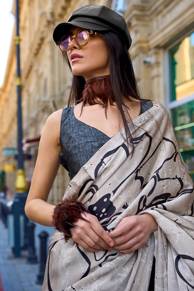 Alluring Beige and Black Digital Printed Satin Silk Saree With Mesmerising Blouse Piece - Image 2