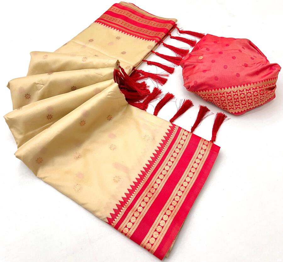 Alluring Beige Soft Banarasi Silk Saree With Dazzling Blouse Piece - Image 2