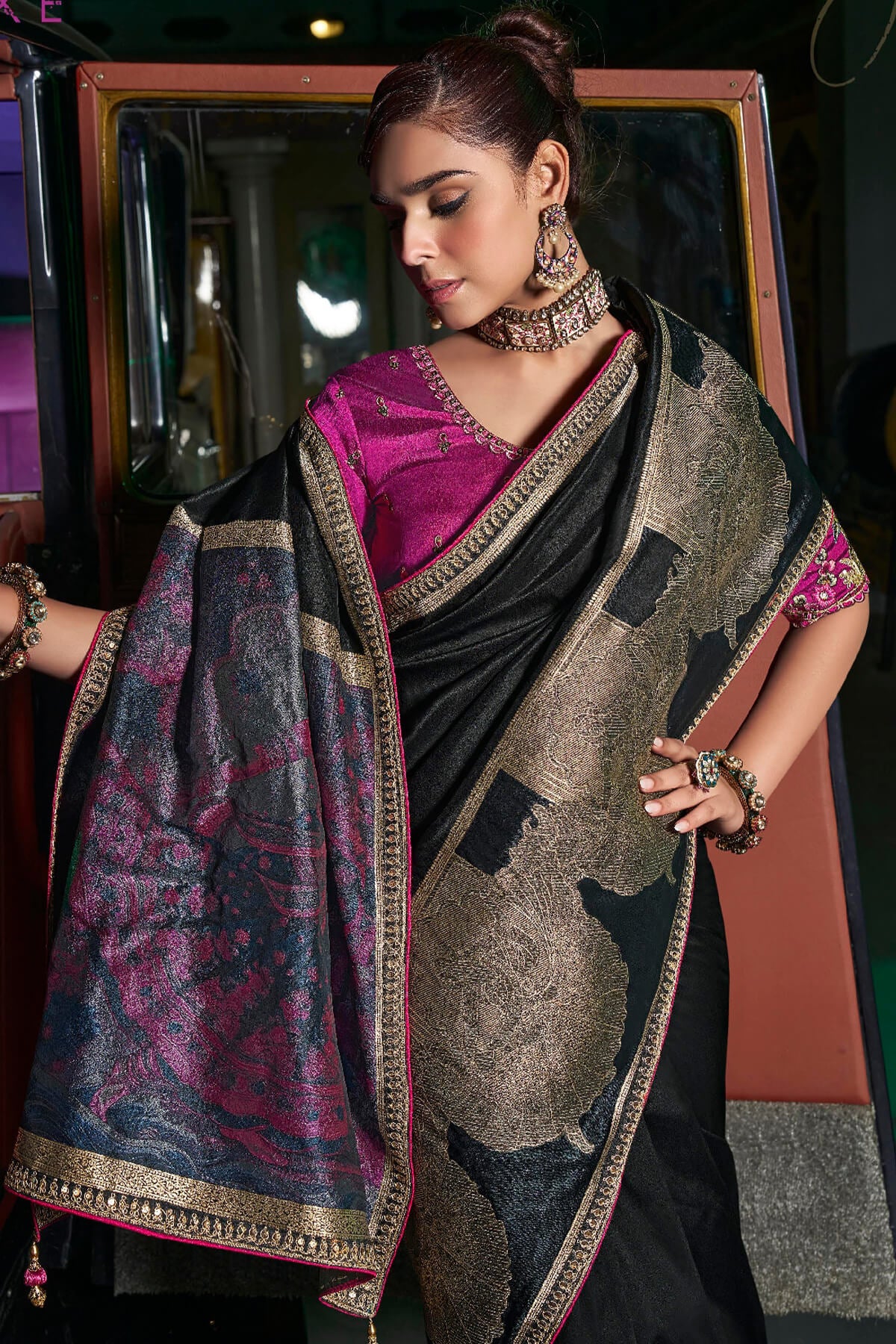 Alluring Black Banarasi Satin Silk Saree With Adoring Blouse - Image 2