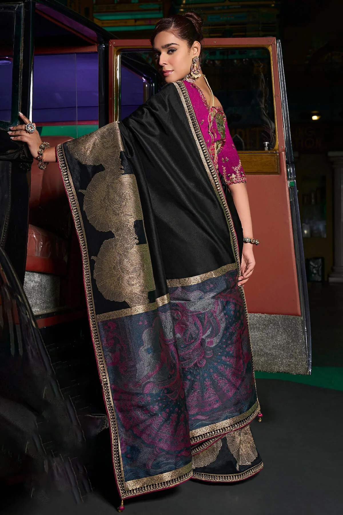 Alluring Black Banarasi Satin Silk Saree With Adoring Blouse - Image 3