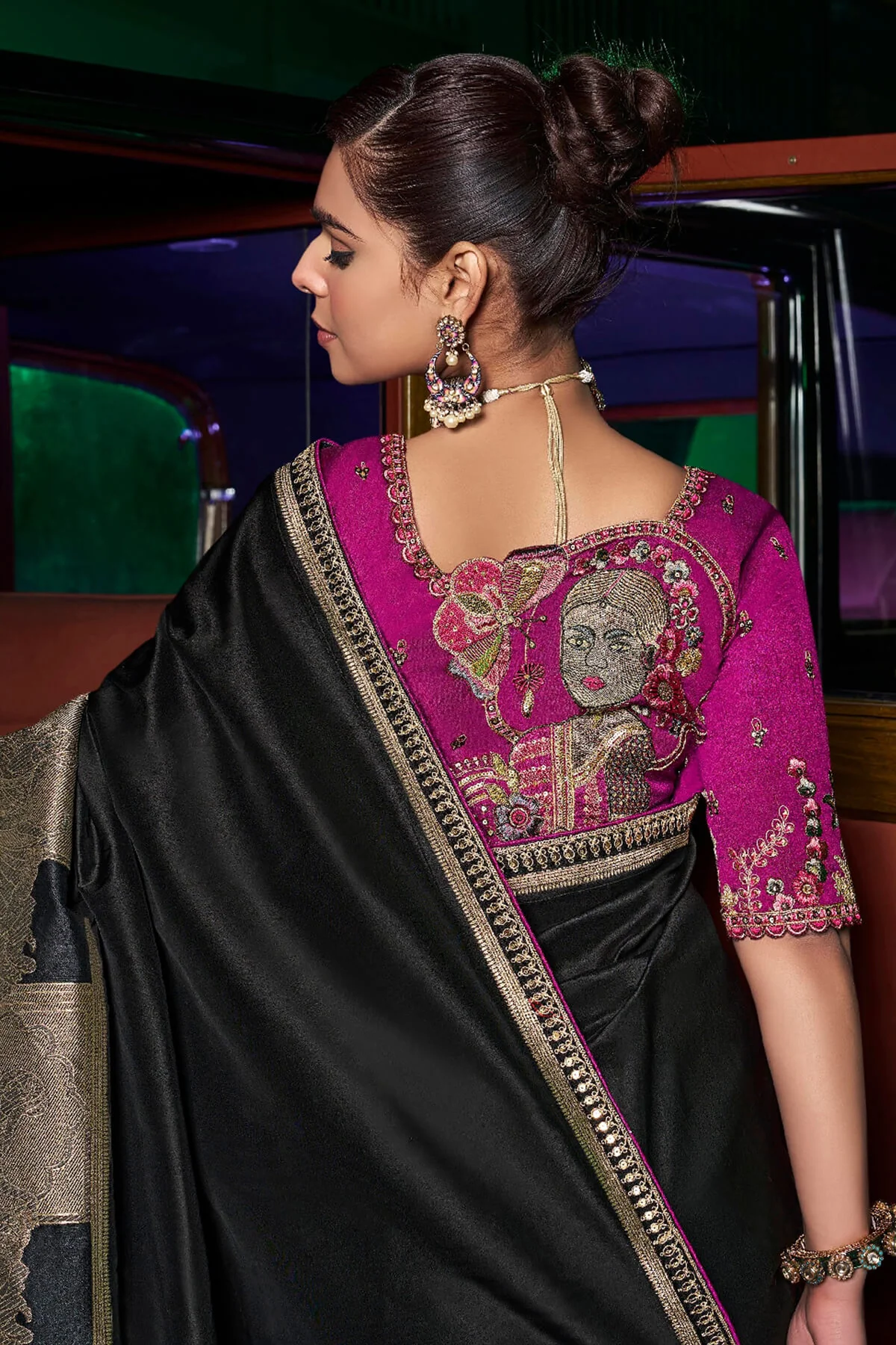 Alluring Black Banarasi Satin Silk Saree With Adoring Blouse - Image 4