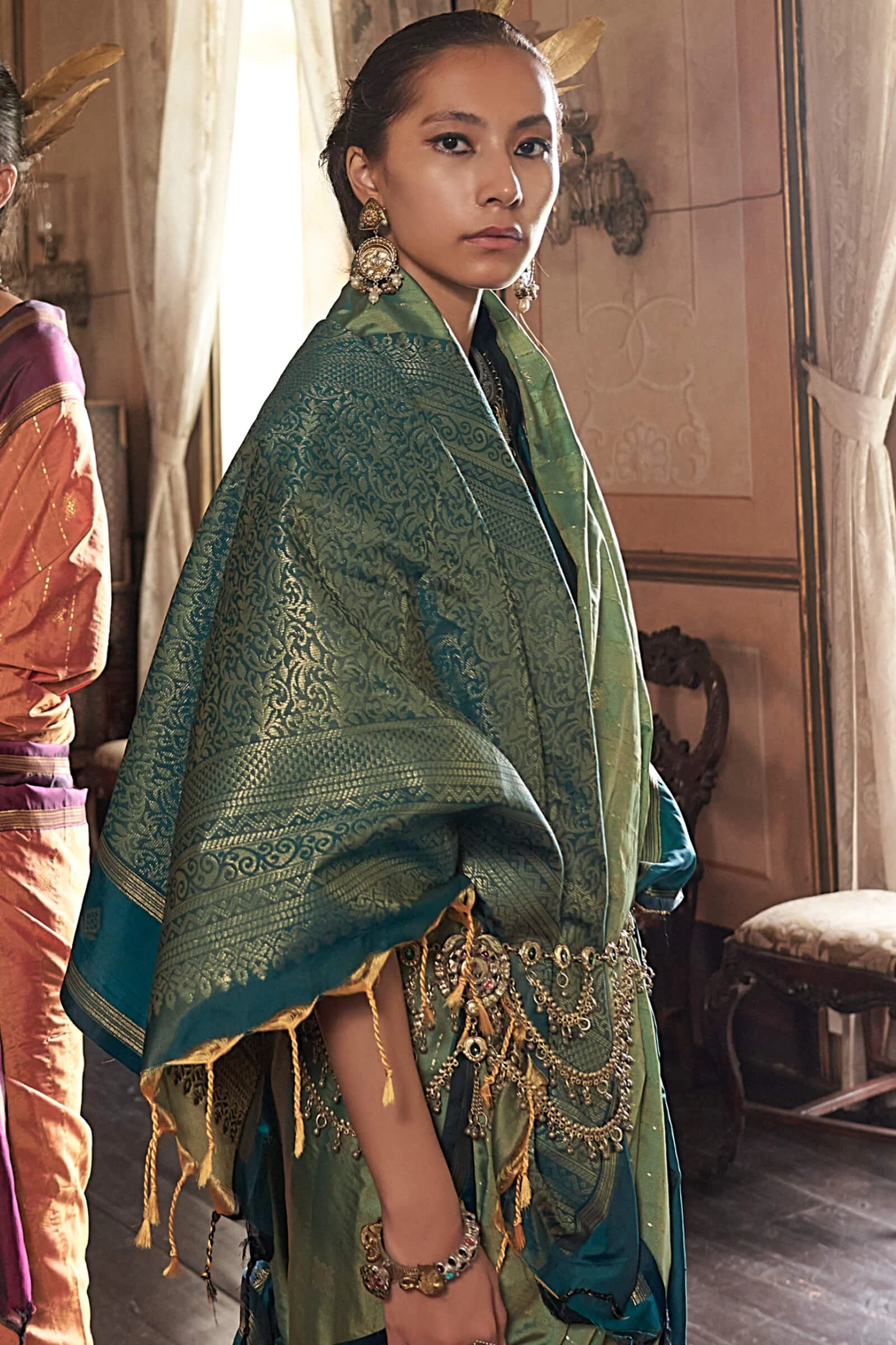 Alluring Green Banarasi Tussar Silk Saree With Surreptitious Blouse Piece - Image 2