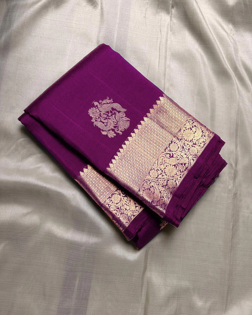 Alluring Purple Soft Banarasi Silk Saree With Exquisite Blouse Piece - Image 2