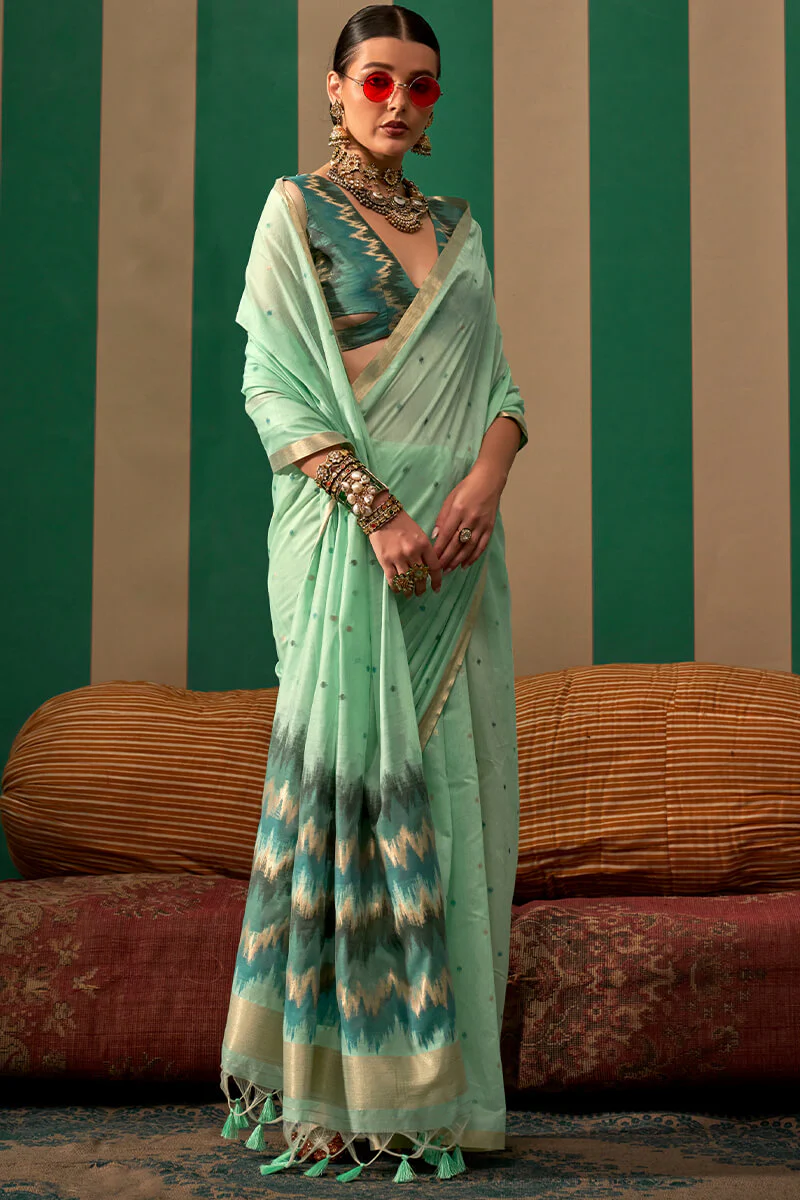 Alluring Sea Green Cotton Silk Saree With Incomparable Blouse Piece - Image 2