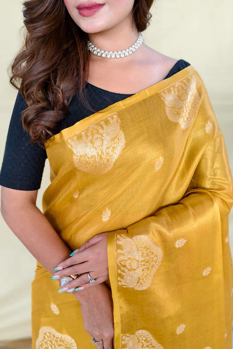 Alluring Yellow Banarasi Tissue Silk Saree With Energetic Blouse Piece - Image 2