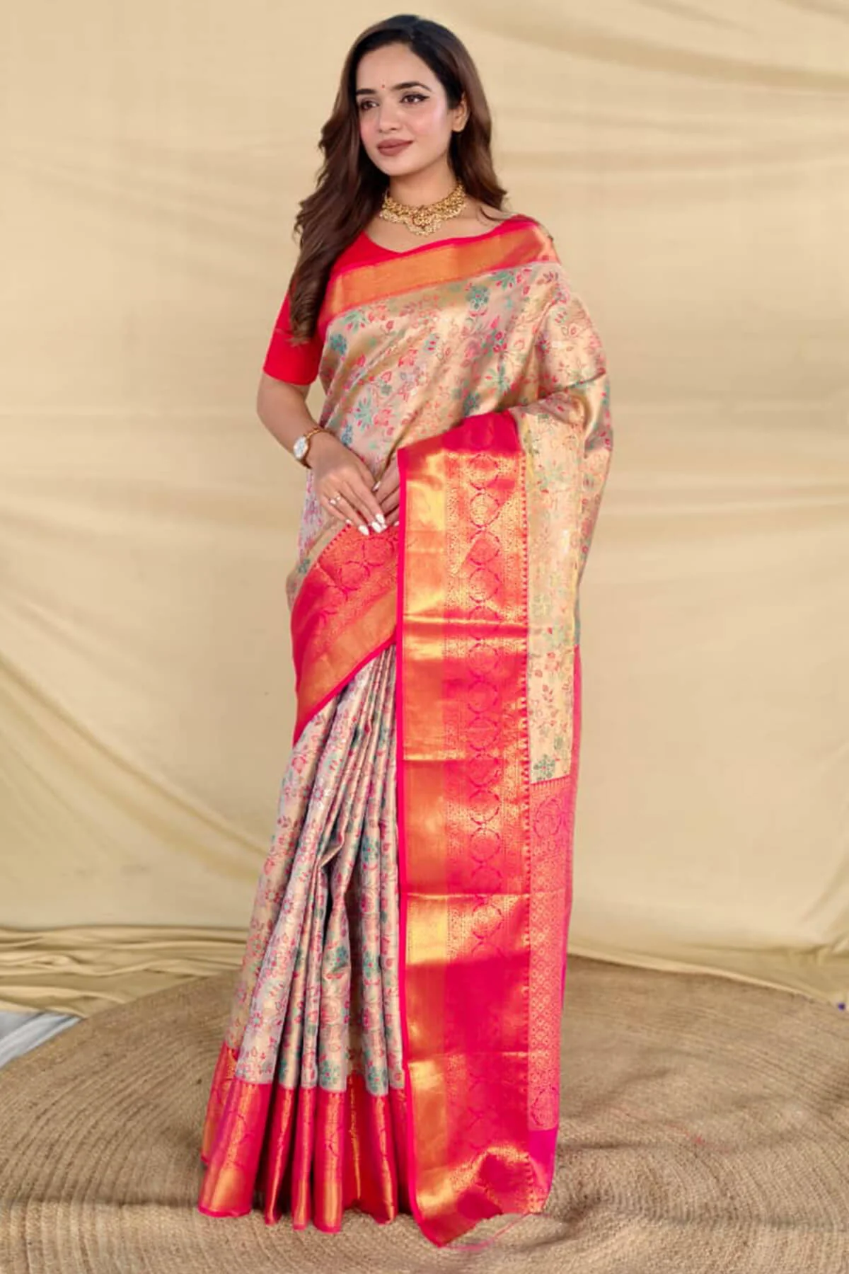 Amazing Beige Kanjivaram Silk Saree With Tantalizing Blouse Piece