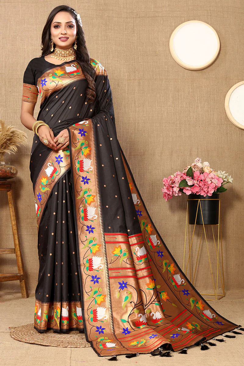 Amazing Black Paithani Silk Saree With Capricious Blouse Piece - Image 3