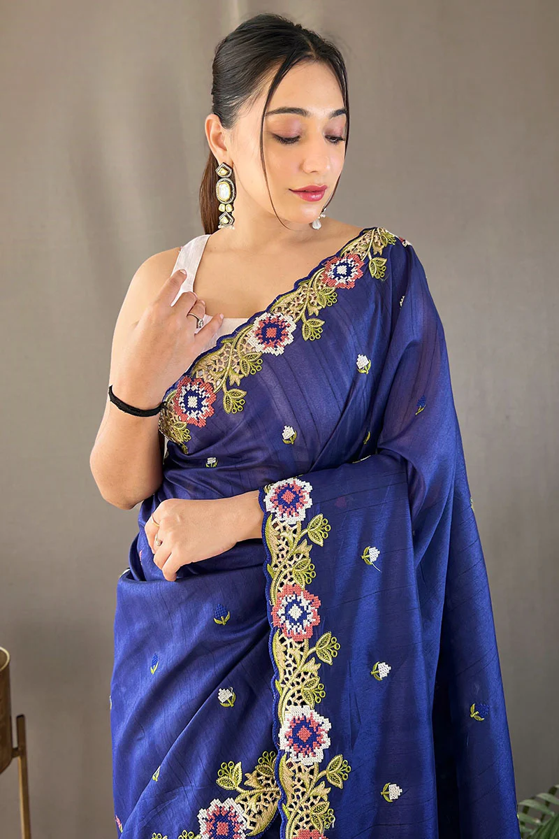 Amazing Blue Embroidery Work Tussar Silk Saree With Skinny Blouse Piece - Image 2
