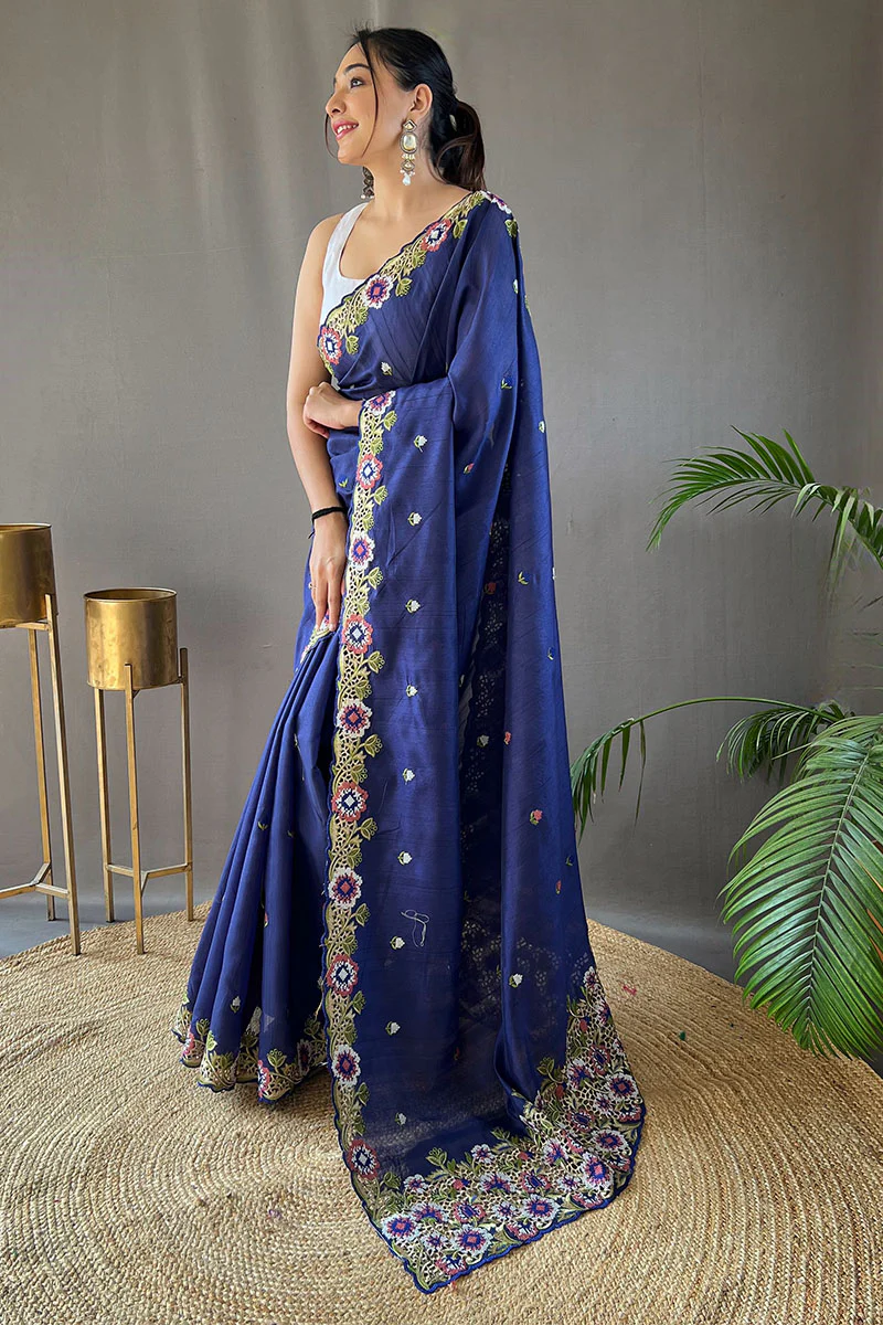 Amazing Blue Embroidery Work Tussar Silk Saree With Skinny Blouse Piece - Image 3