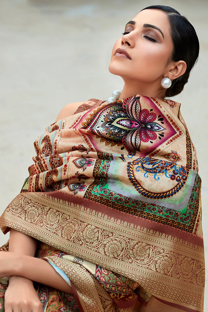Amazing Brown Digital Printed Dola Silk Saree With Invaluable Blouse Piece - Image 4