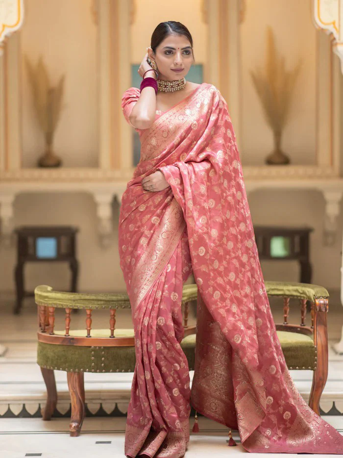 Amazing Pink Soft Silk Saree With Elegant Blouse Piece - Image 3