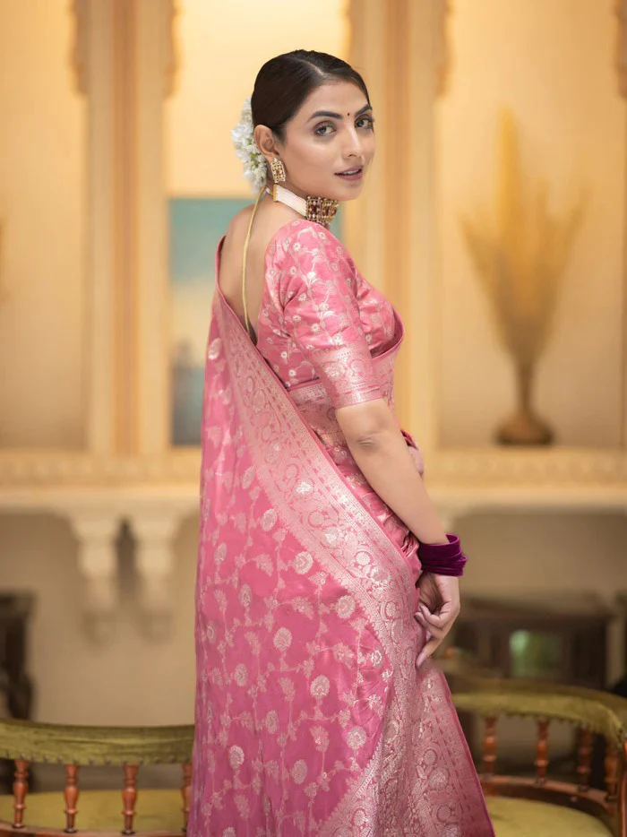 Amazing Pink Soft Silk Saree With Elegant Blouse Piece - Image 5