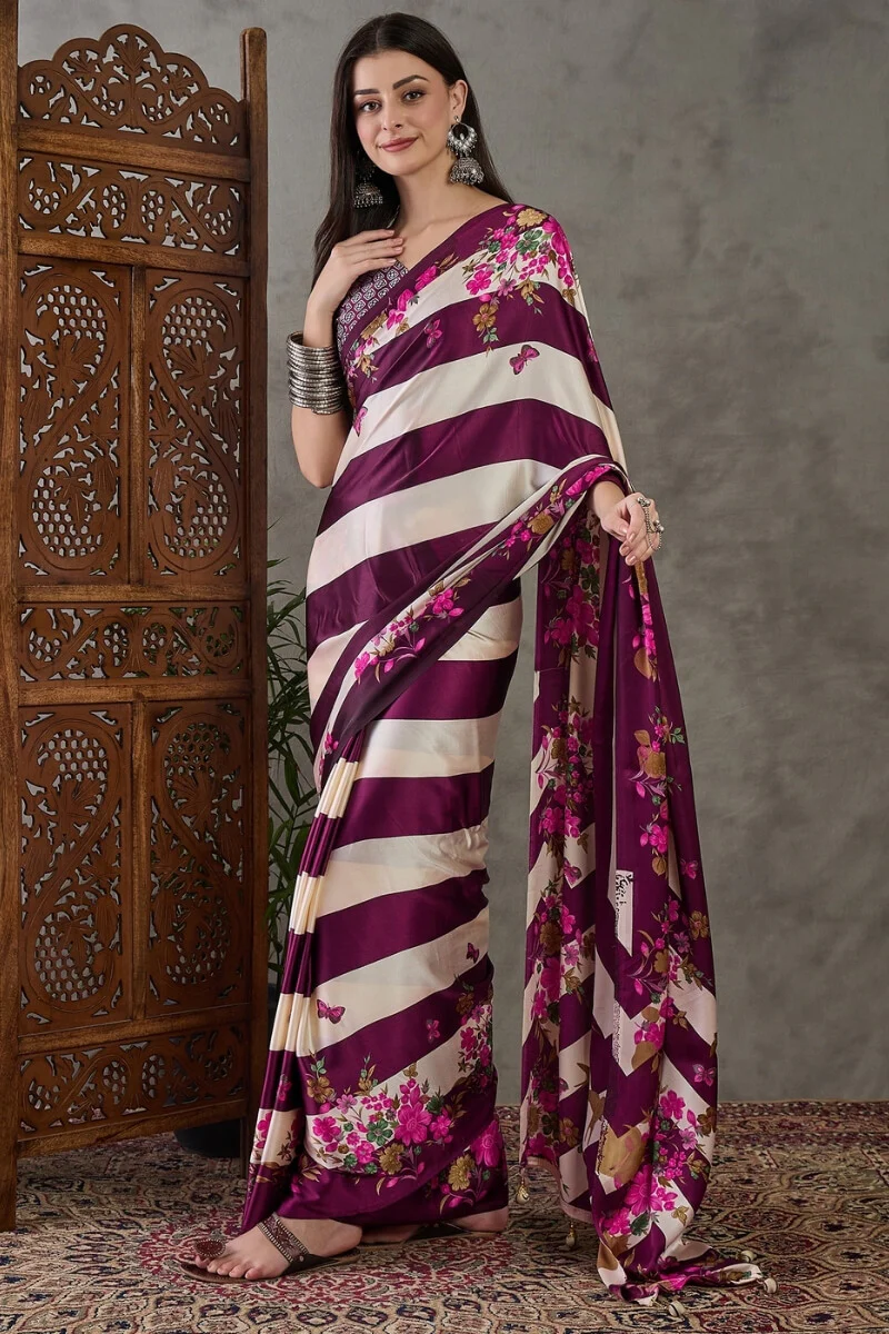 Amazing Purple Ajrakh Printed Semi Modal Silk Saree With Desirable Blouse Piece - Image 3