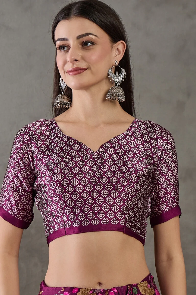 Amazing Purple Ajrakh Printed Semi Modal Silk Saree With Desirable Blouse Piece - Image 4