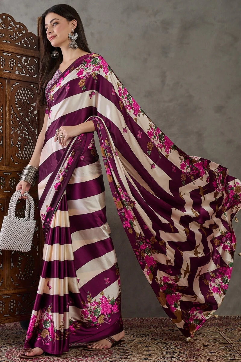 Amazing Purple Ajrakh Printed Semi Modal Silk Saree With Desirable Blouse Piece - Image 5
