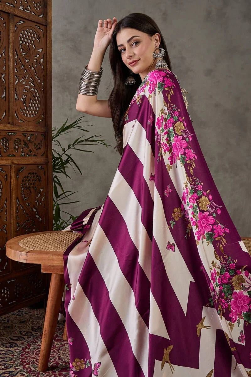 Amazing Purple Ajrakh Printed Semi Modal Silk Saree With Desirable Blouse Piece - Image 6