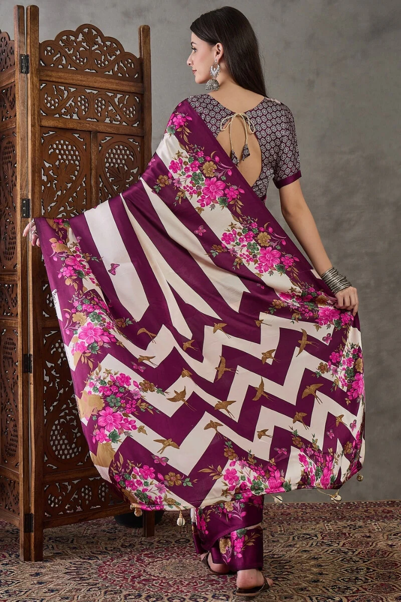 Amazing Purple Ajrakh Printed Semi Modal Silk Saree With Desirable Blouse Piece - Image 7
