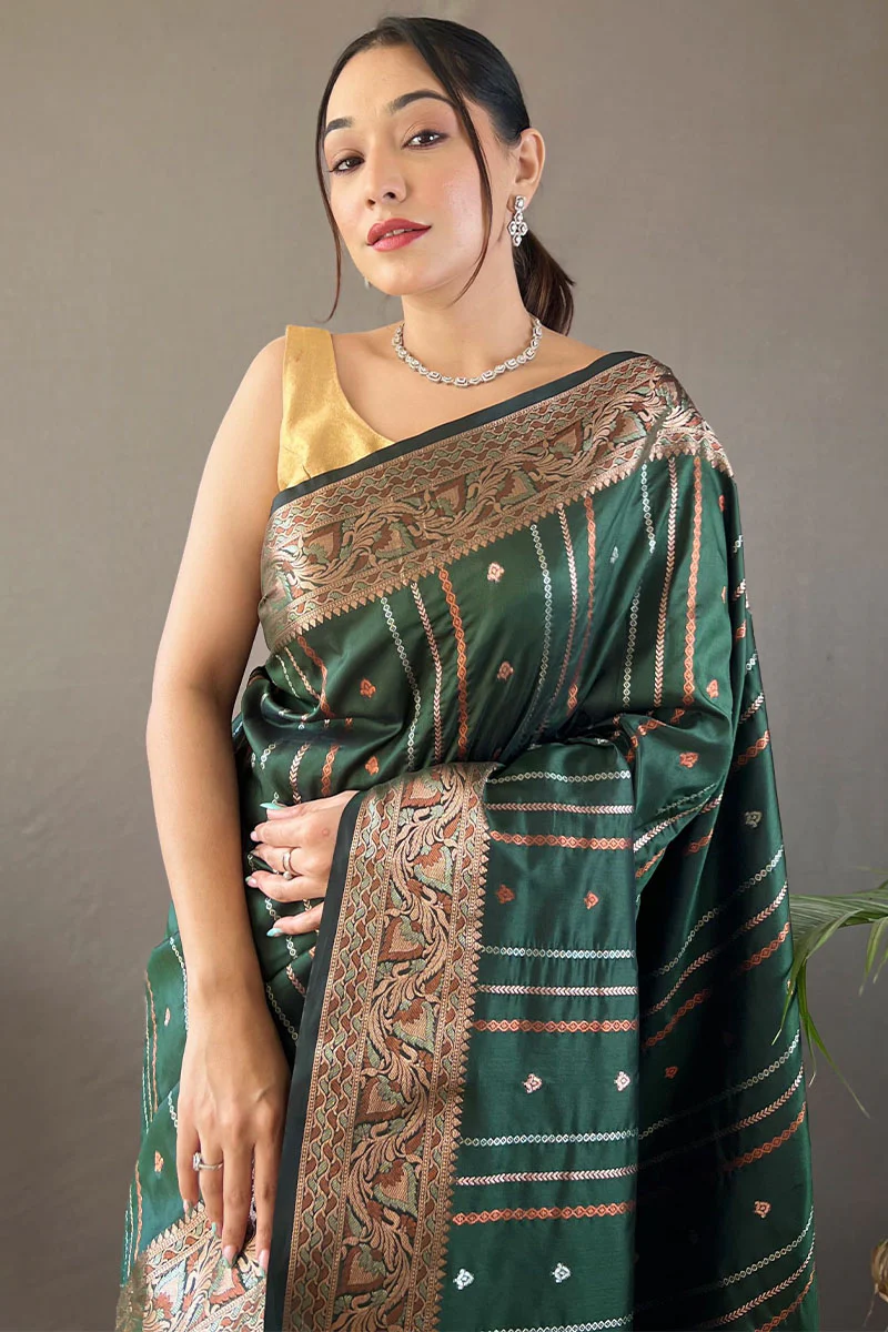 Amiable Dark Green Soft Banarasi Silk Saree With Serendipity Blouse Piece - Image 2