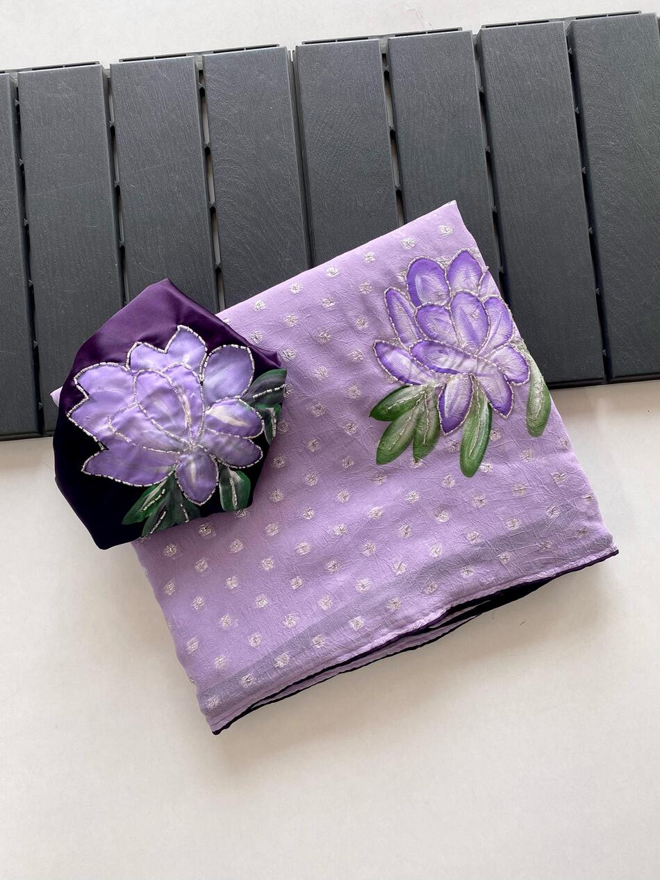 Amiable Lavender Handwork Crush Chiffon Silk Saree With Incomparable Blouse Piece - Image 3
