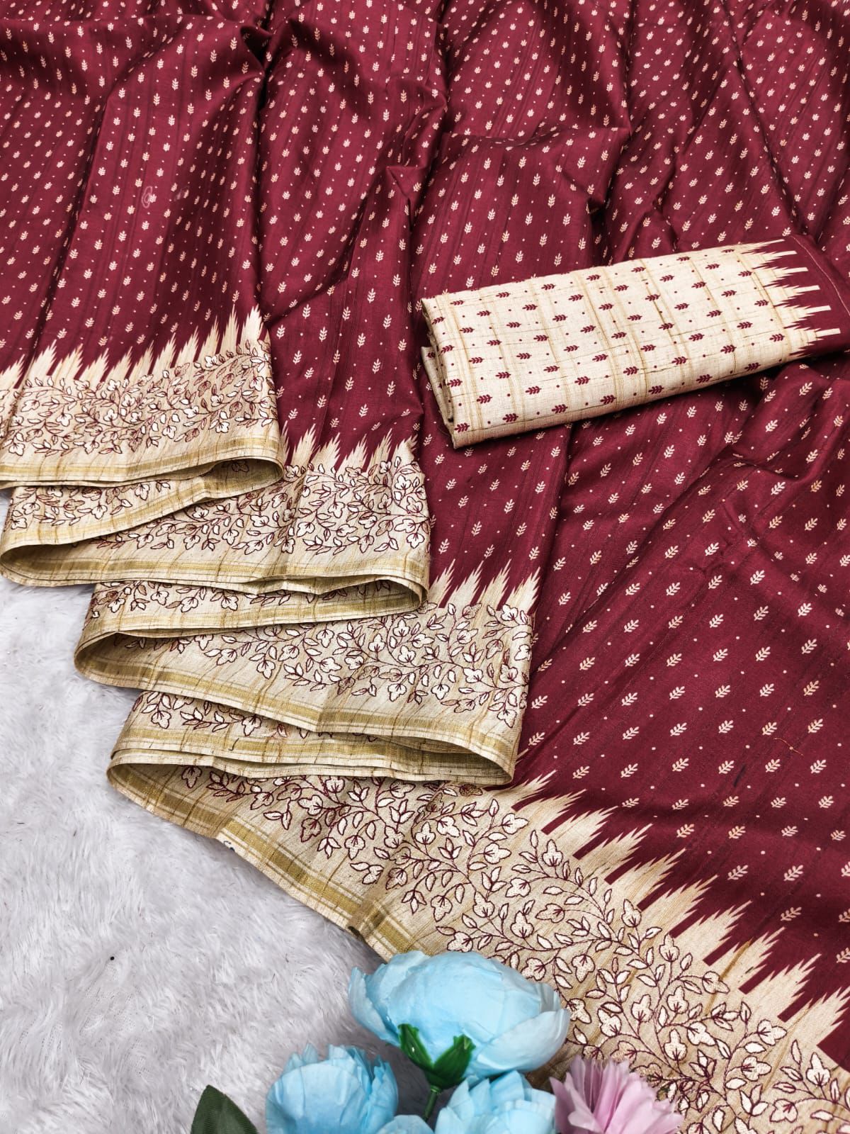 Amiable Maroon Embroidery Work Tussar Silk Saree With Engaging Blouse Piece - Image 4
