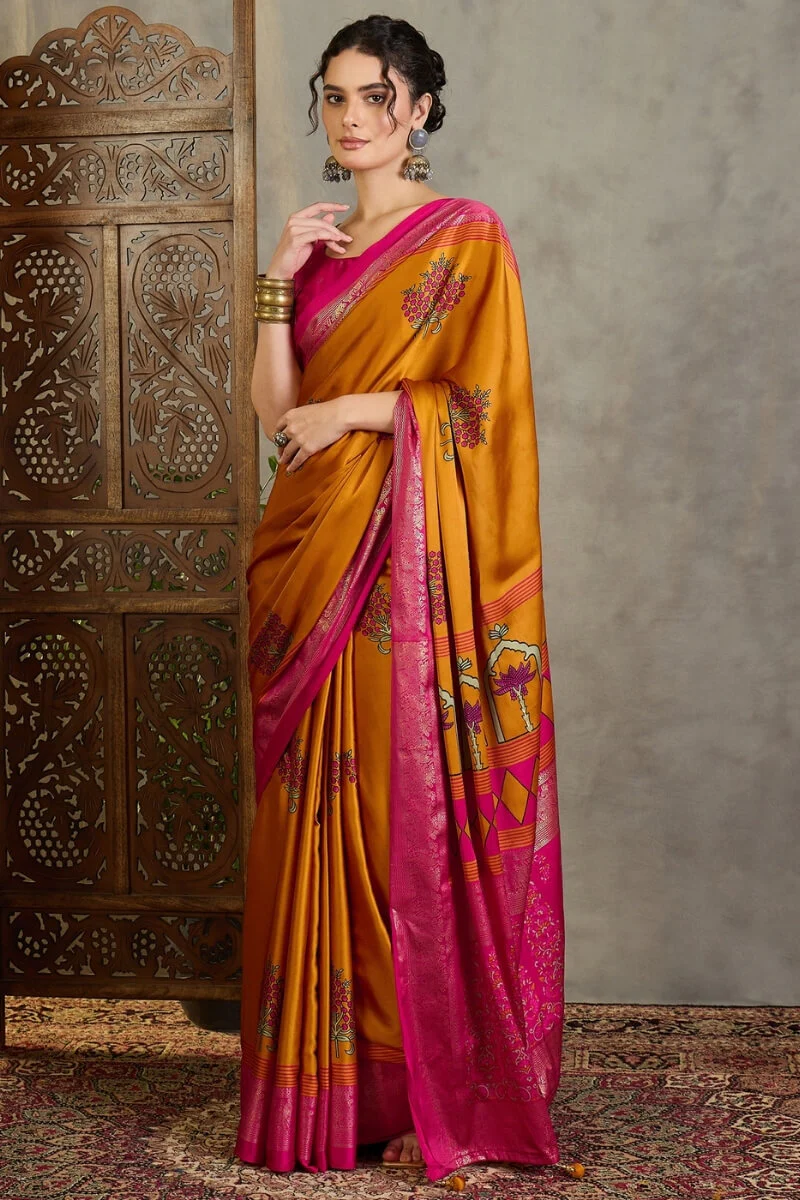 Amiable Mustard Ajrakh Printed Semi Modal Silk Saree With Gratifying Blouse Piece - Image 3